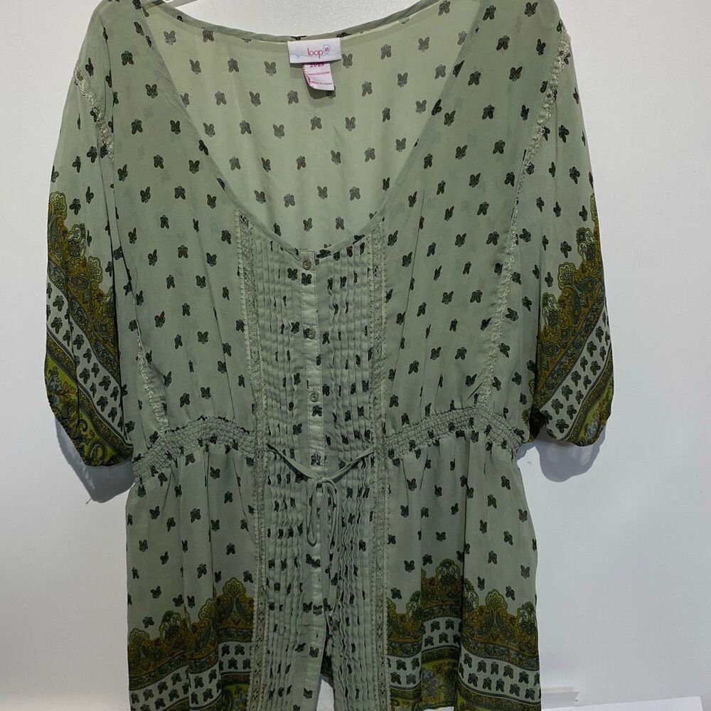 Loop 18 Women's Green Paisley Sheer Tie Waist‎ Button Front Blouse Size 21/23